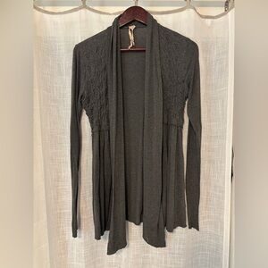 Anthropologie Gray Draped Cardigan with Floral Stitching
